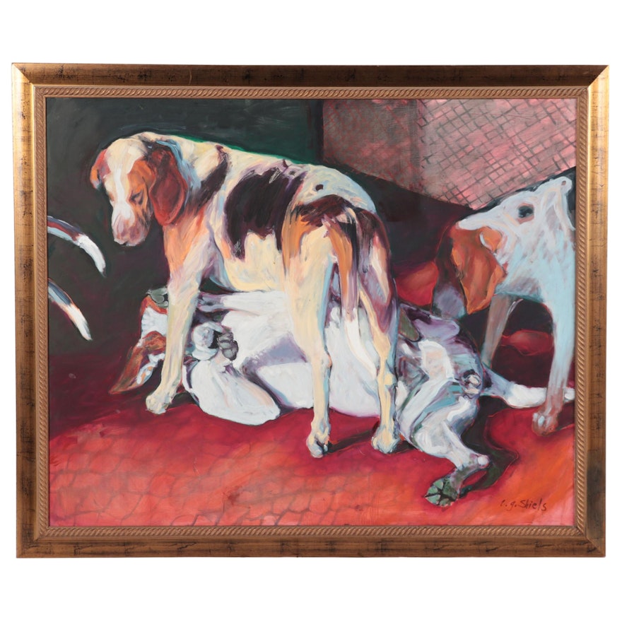 Leslie Shiels Large-Scale Oil Painting of Hounds, 21st Century