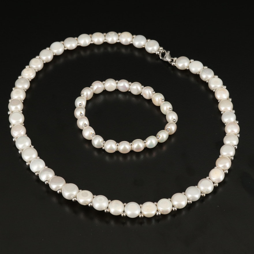 Sterling Pearl Necklace and Bracelet Set