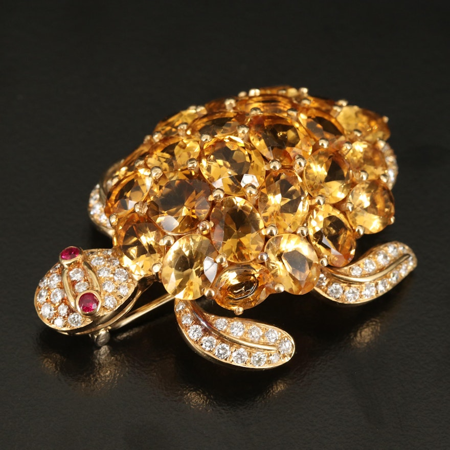 18K Citrine, Ruby and 2.31 CTW Diamond Turtle Double Clip Brooch