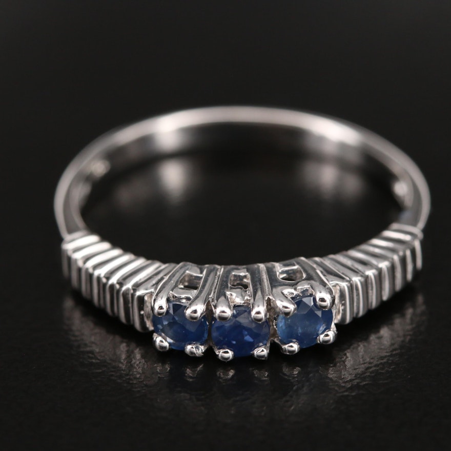 Sterling Sapphire Three Stone Ring with Fluted Shoulders