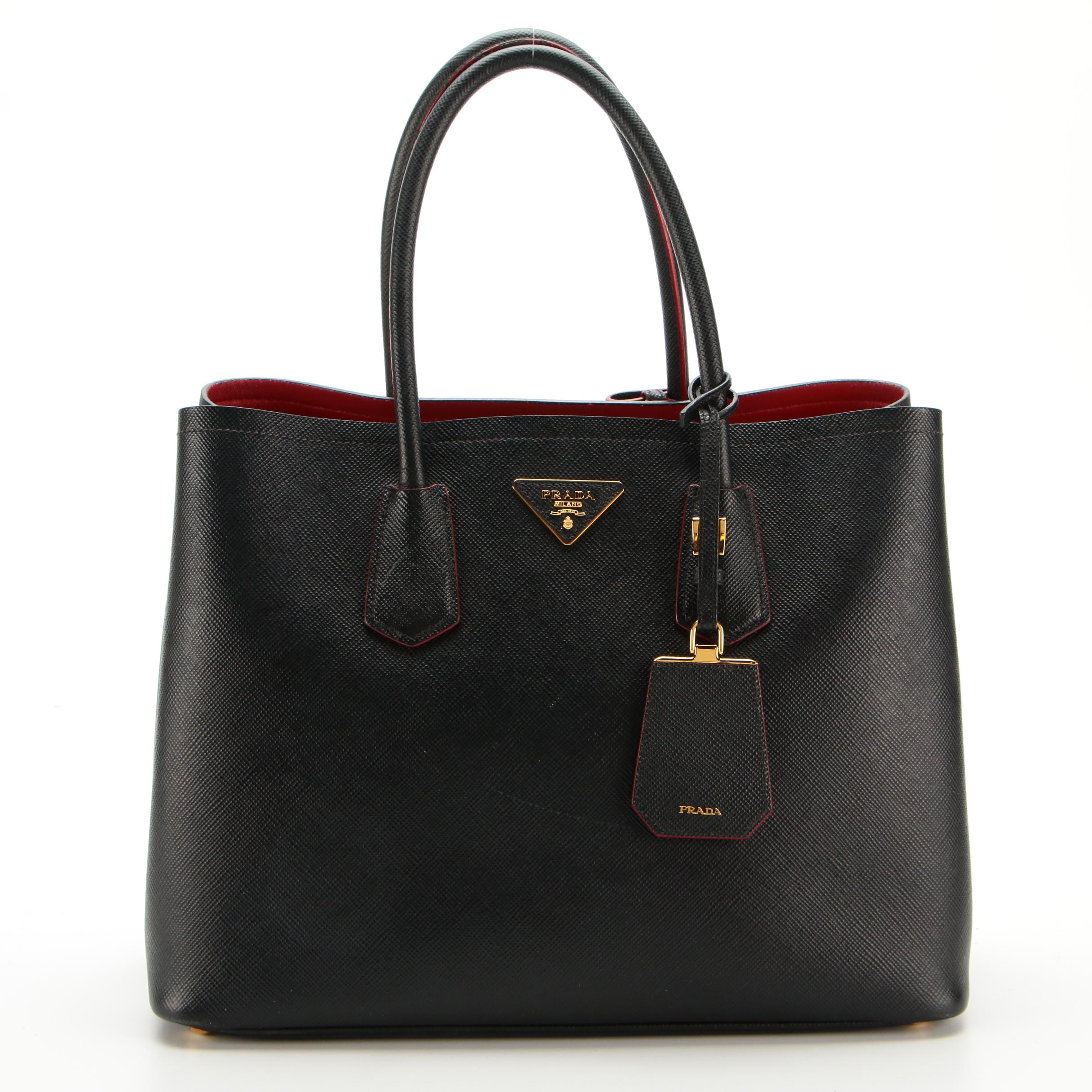 Prada Large Double Bag in Black Saffiano Leather