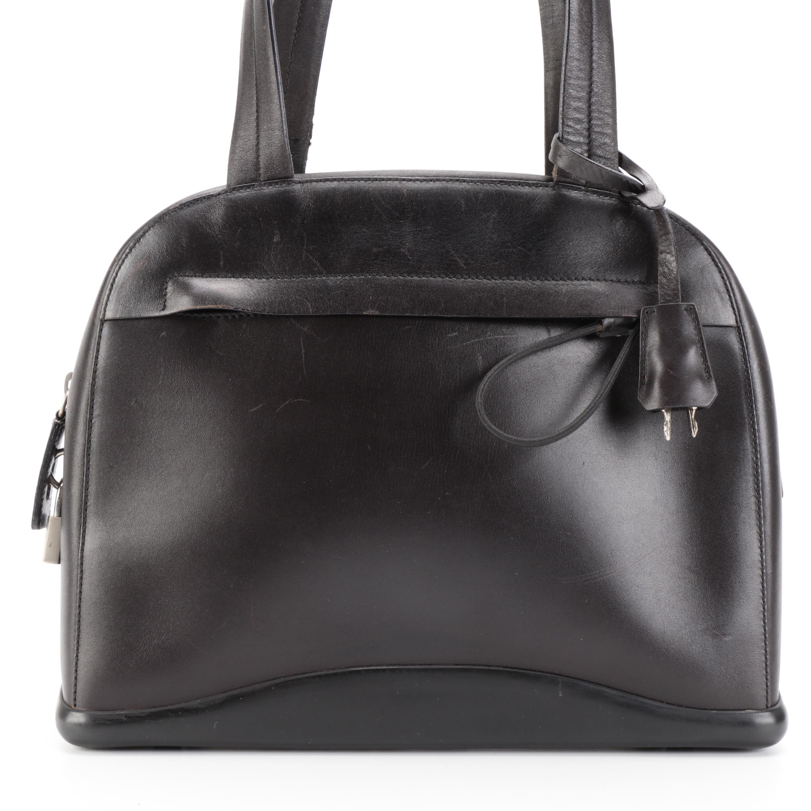 Prada Top Handle Bag in Vitello and Gomma Ebano Leather With Padlock and Key