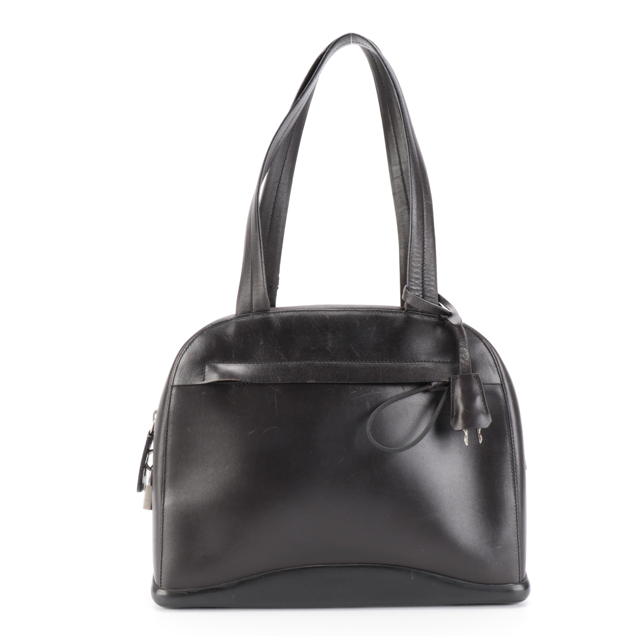 Prada Top Handle Bag in Vitello and Gomma Ebano Leather With Padlock and Key