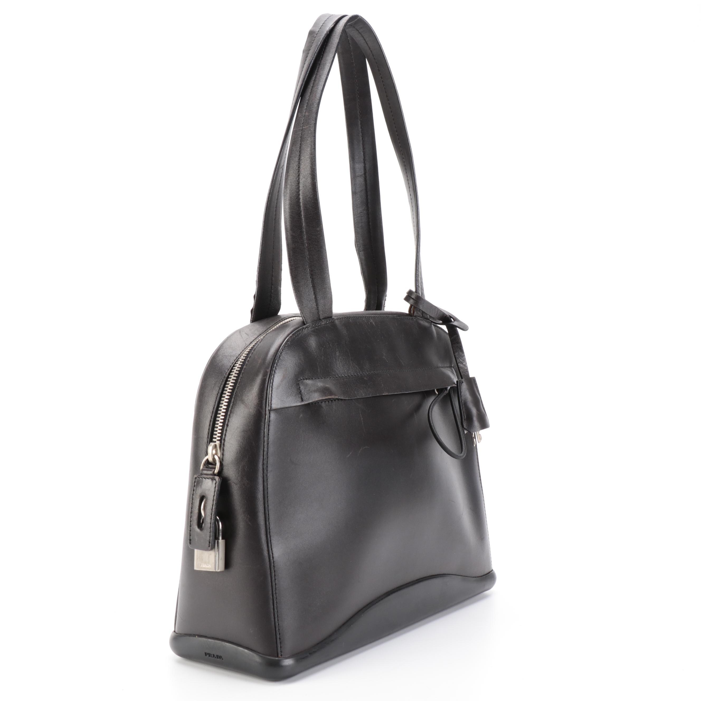 Prada Top Handle Bag in Vitello and Gomma Ebano Leather With Padlock and Key