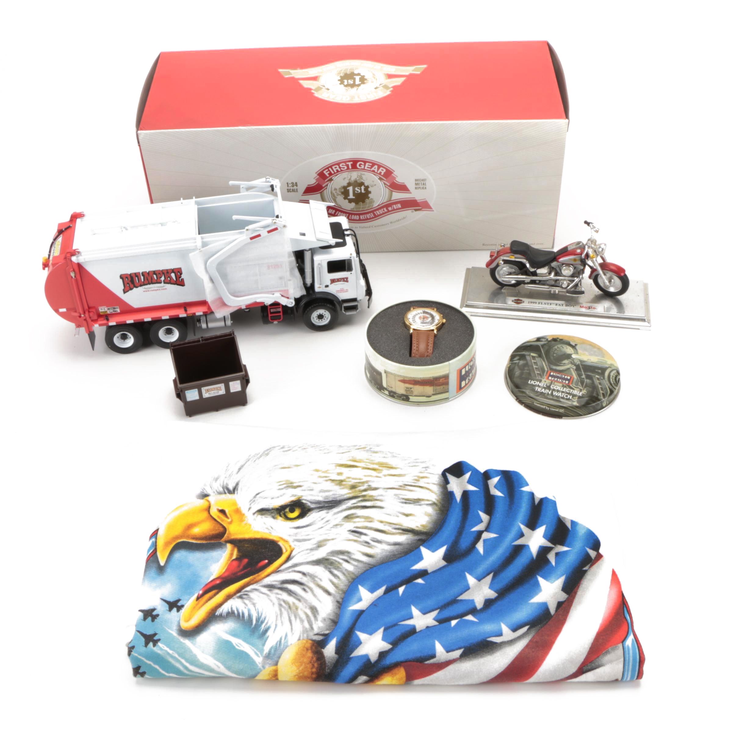 Maisto Motorcycle Model, Lionel Train Wrist Watch, Rumpke Model Truck, T-Shirt