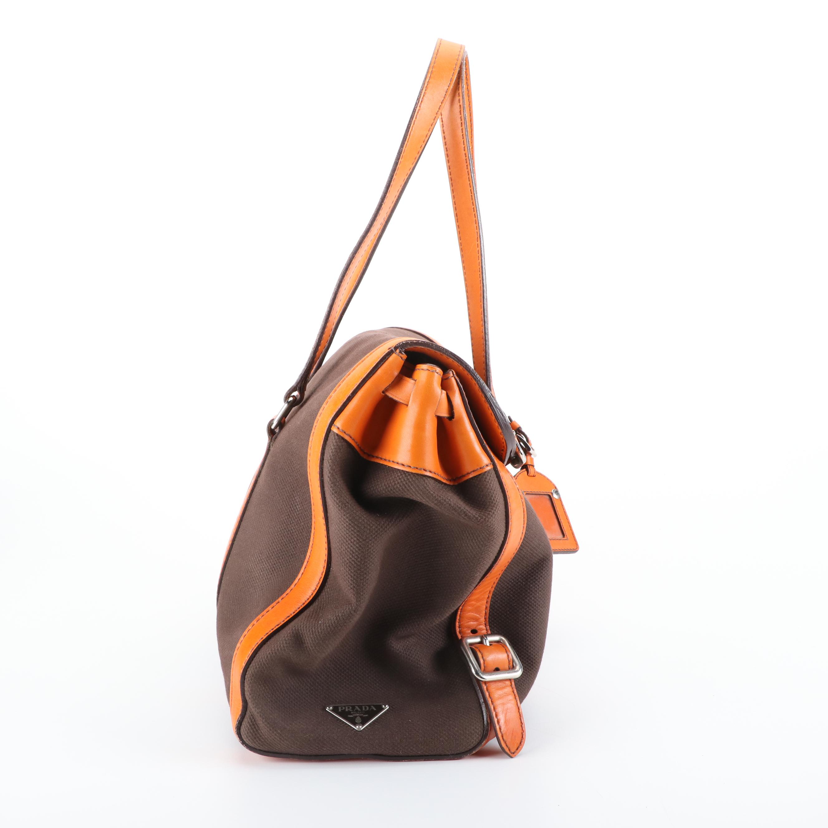 Prada Tote Bag with Flap Closure in Canvas with Leather Trim