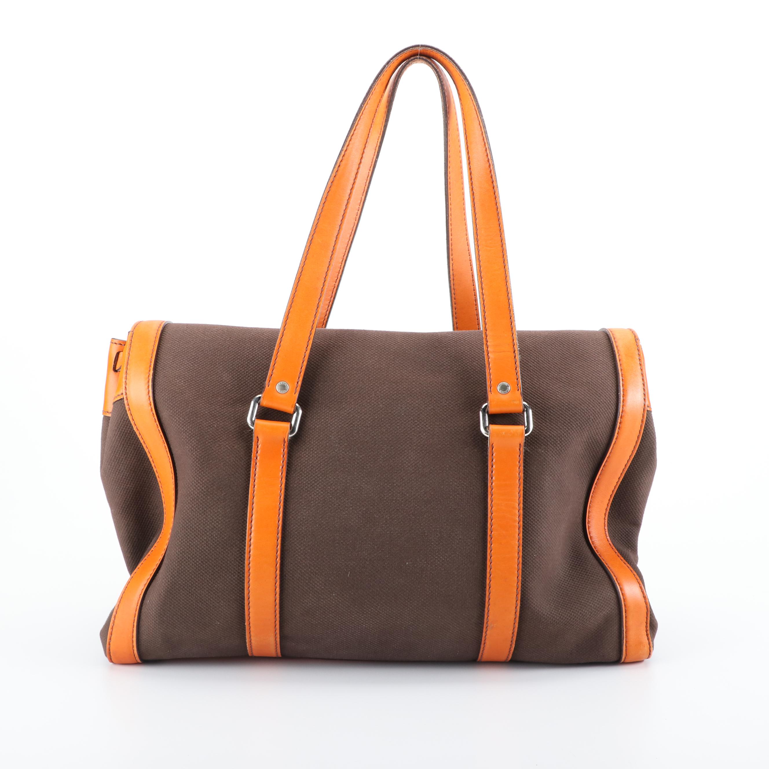 Prada Tote Bag with Flap Closure in Canvas with Leather Trim