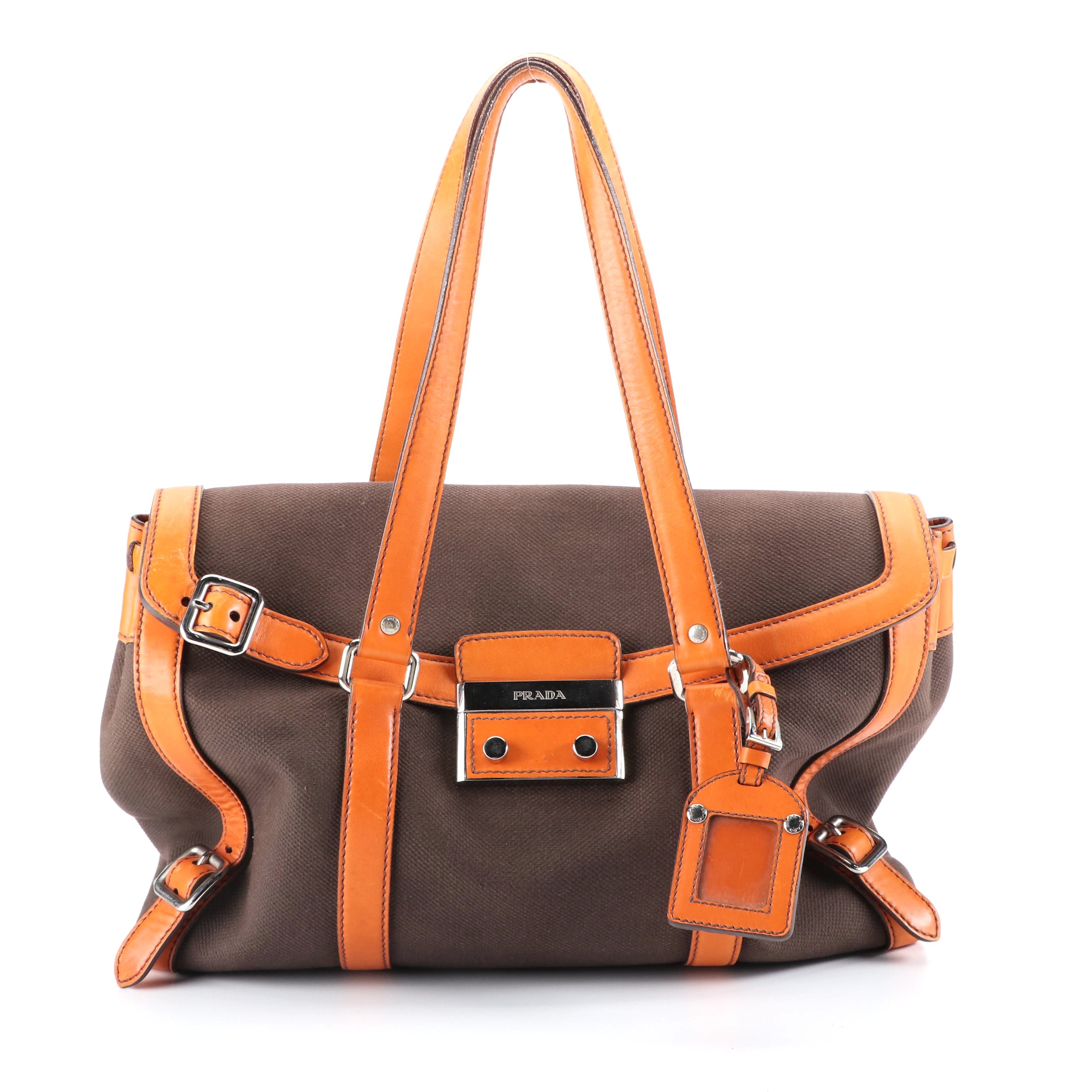 Prada Tote Bag with Flap Closure in Canvas with Leather Trim