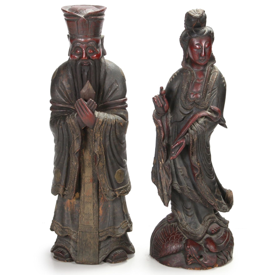 Chinese Carved Wood Emperor and Empress Statuettes