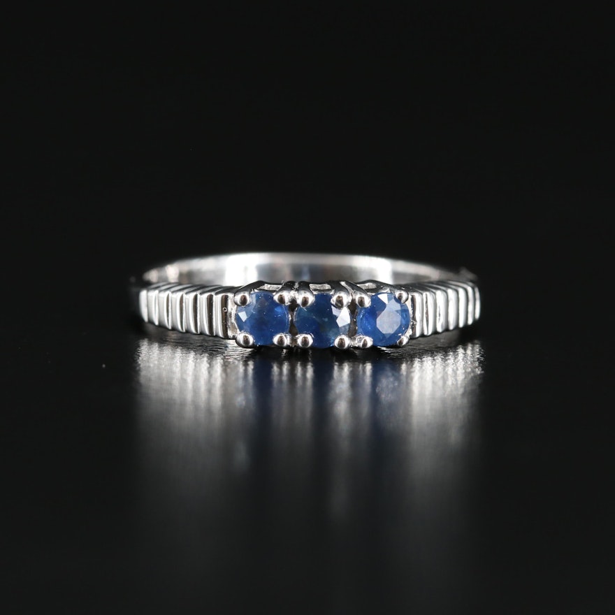 Sterling Sapphire Three Stone Ring with Fluted Shoulders