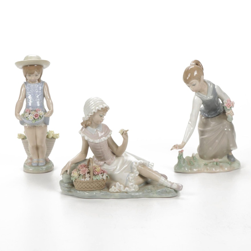 Lladro "Skirt Full of Flowers", "Gathering Flowers" and "Admiration" Figurines