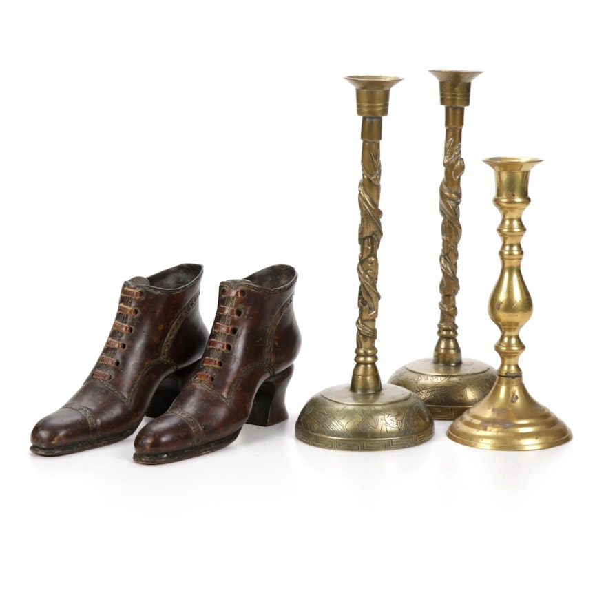 Theodore Alexander  Cast Bronze Shoes with Indian Brass Candlesticks