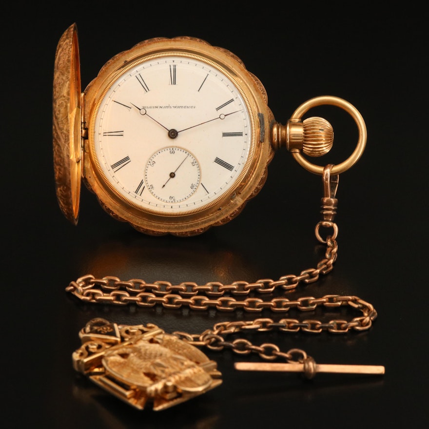 14K Elgin Pocket Watch with 14K Knights Templar Scottish Rite Fob