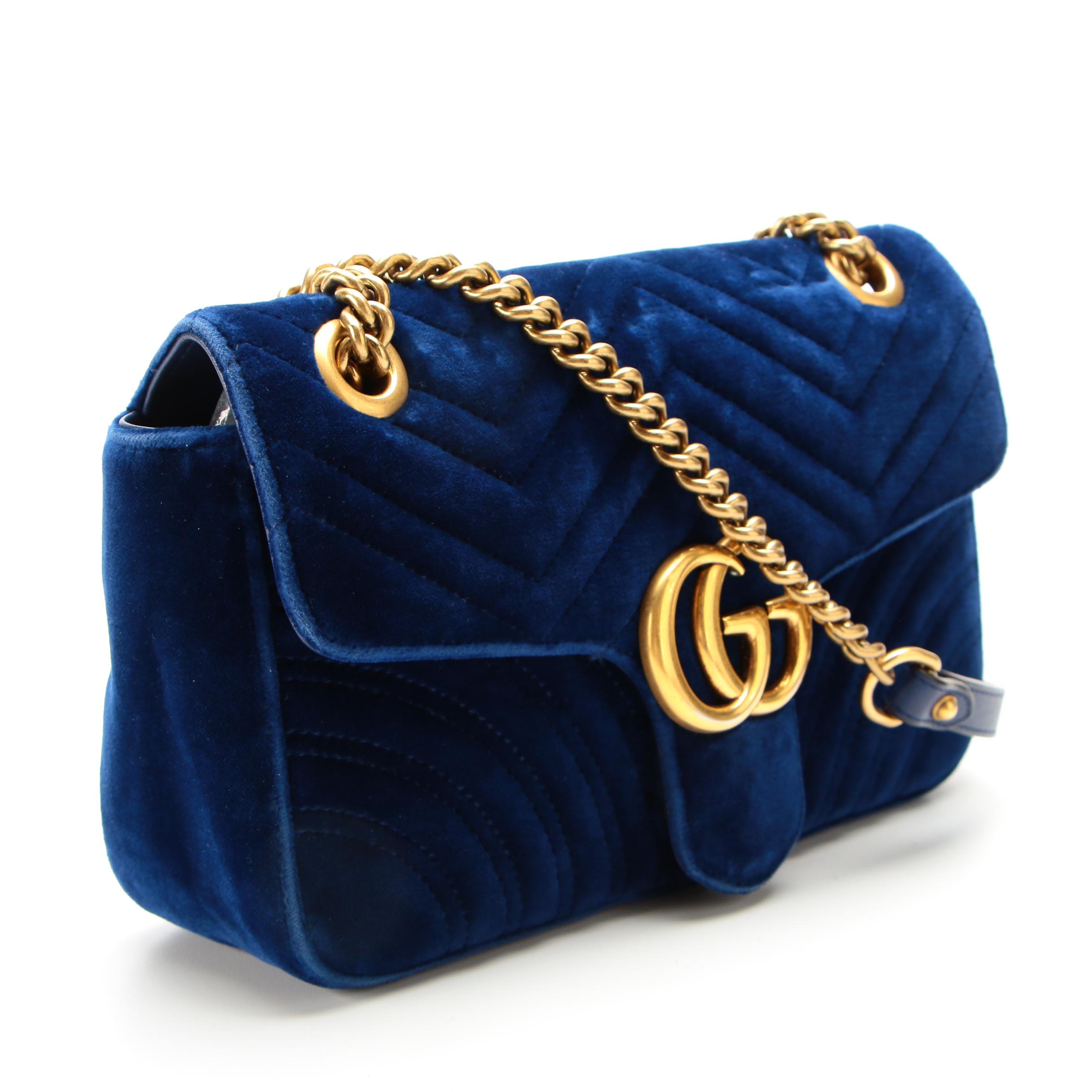 Gucci GG Marmont Shoulder Bag in Cobalt Blue Matelassé Velvet