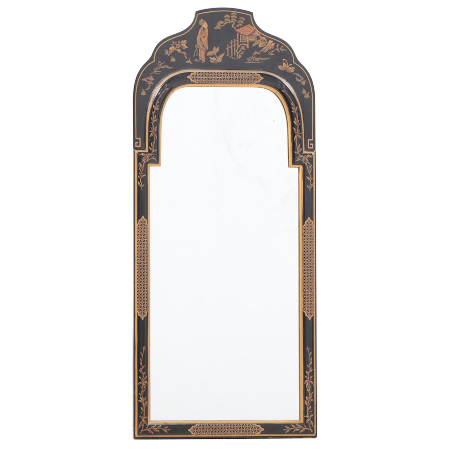 Queen Anne Style Ebonized, Parcel-Gilt, and Chinoiserie-Decorated Mirror