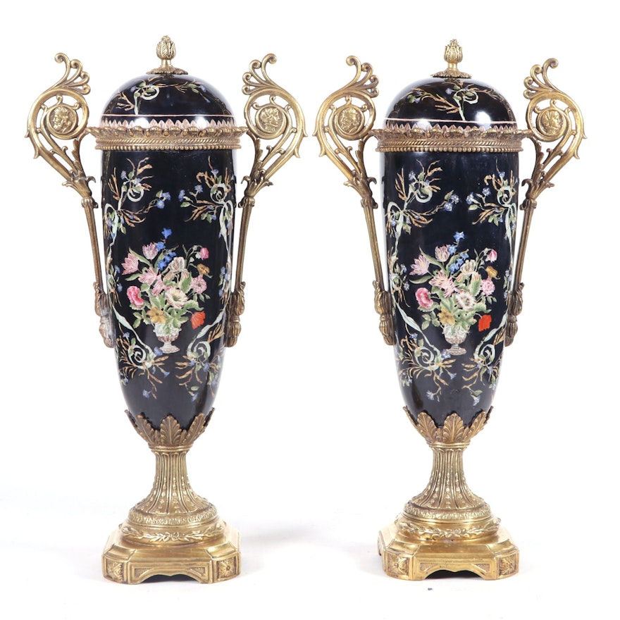 Pair of Rococo Style Ormolu Mounted Ceramic Mantel Vases