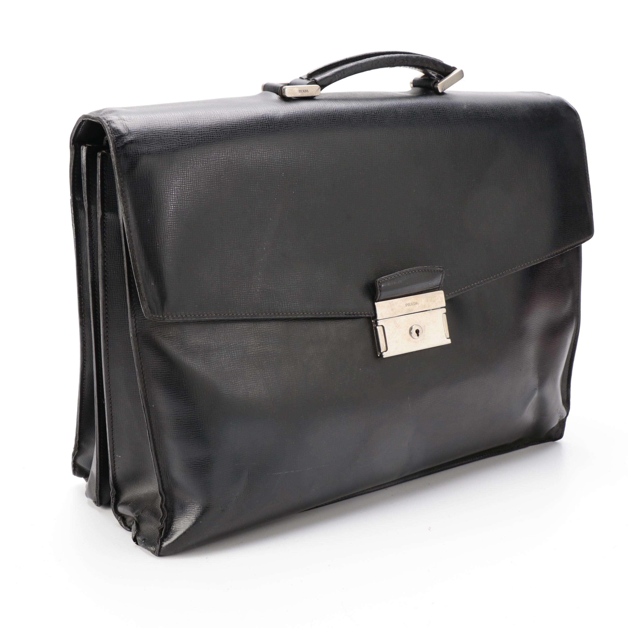 Prada Locking Briefcase in Black Saffiano Leather
