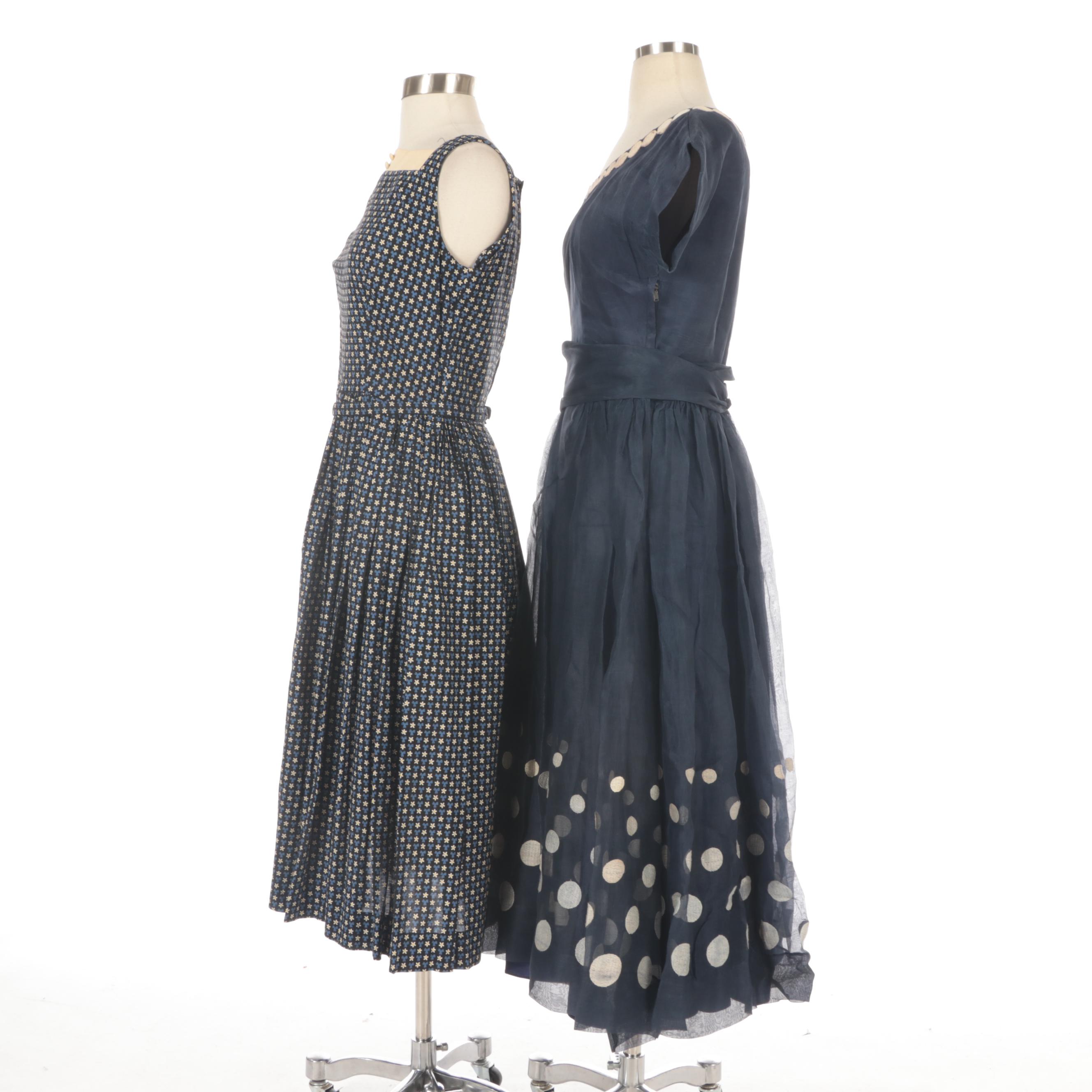 Lang and Other Floral and Dot Embroidered Dresses, Circa 1950s