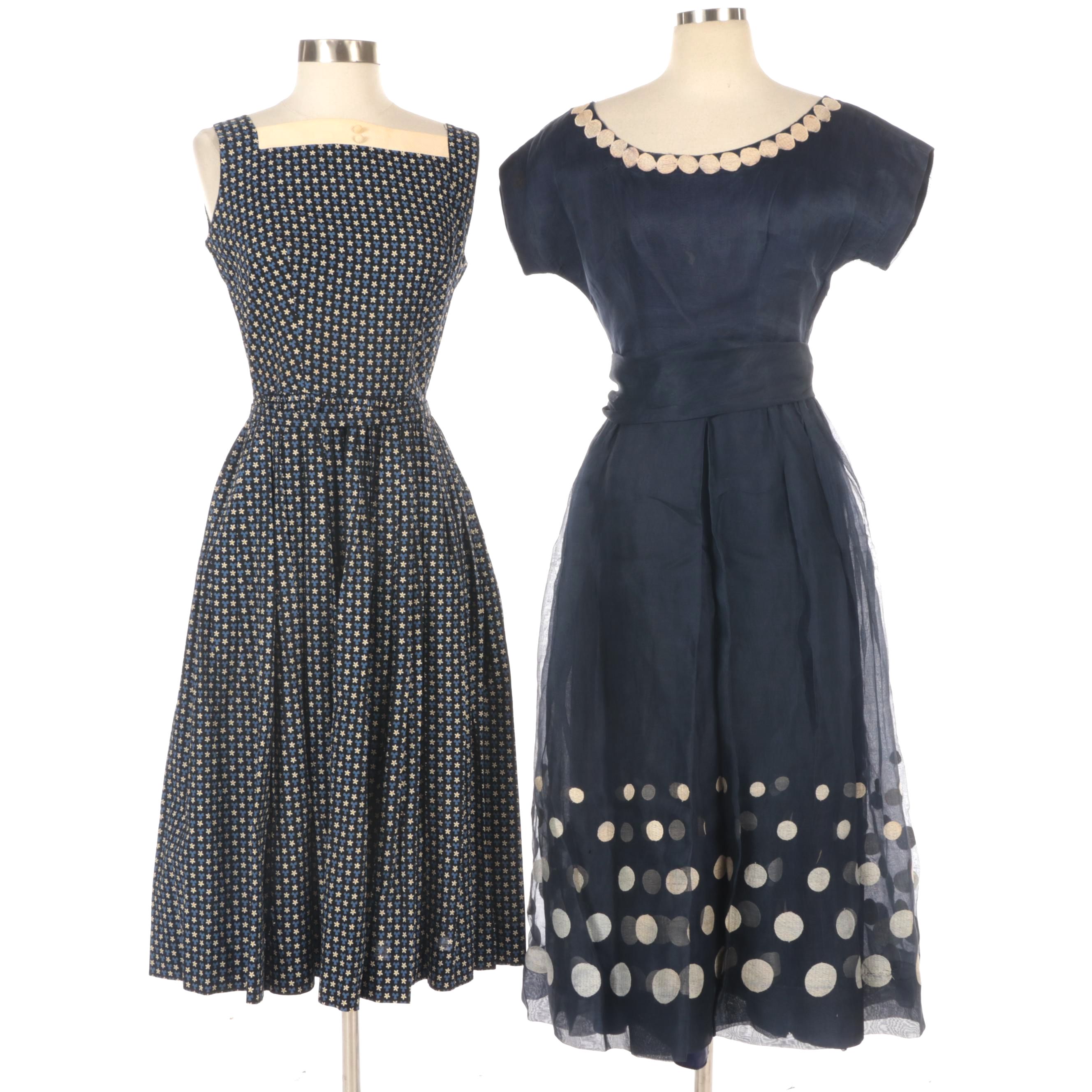 Lang and Other Floral and Dot Embroidered Dresses, Circa 1950s