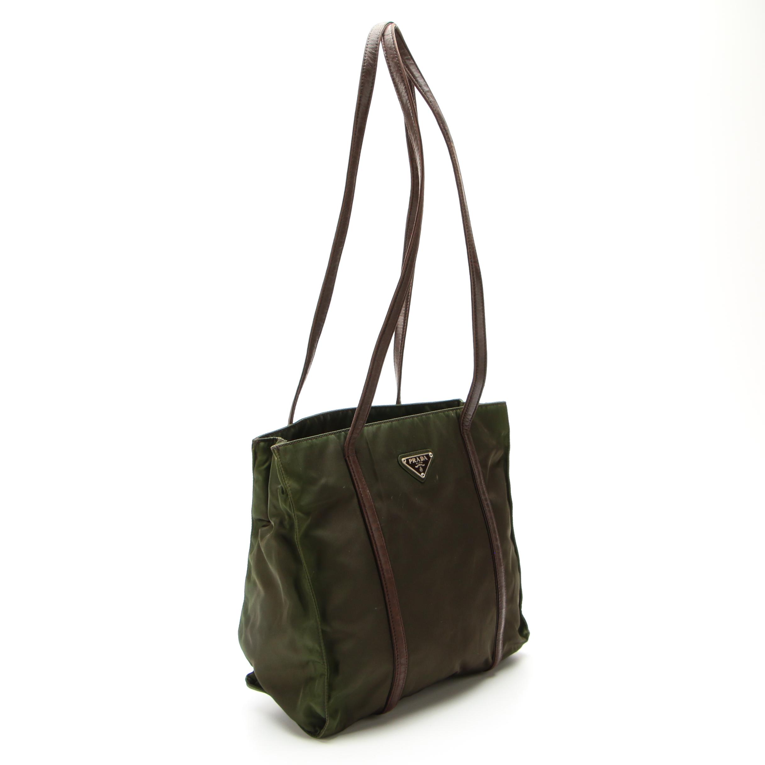 Prada Shoulder Tote in Green Tessuto Nylon and Brown Leather