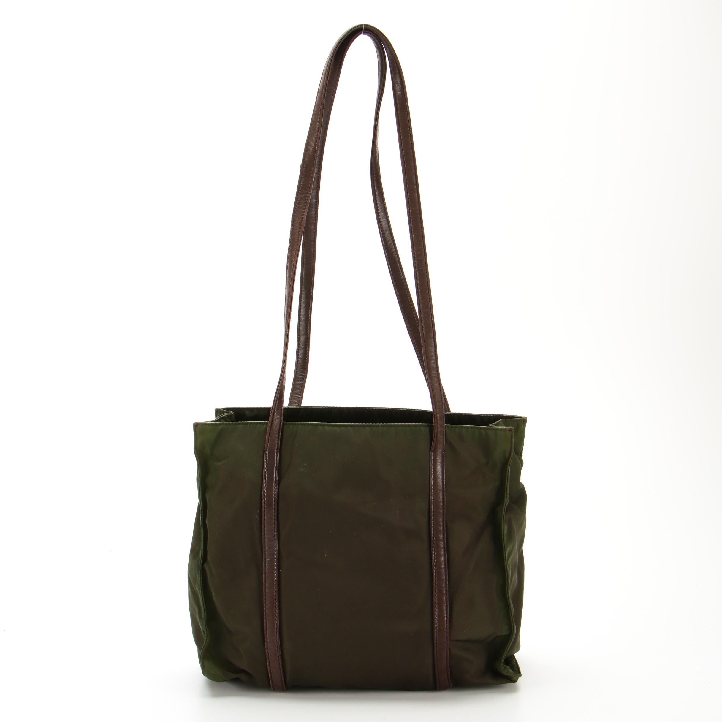 Prada Shoulder Tote in Green Tessuto Nylon and Brown Leather