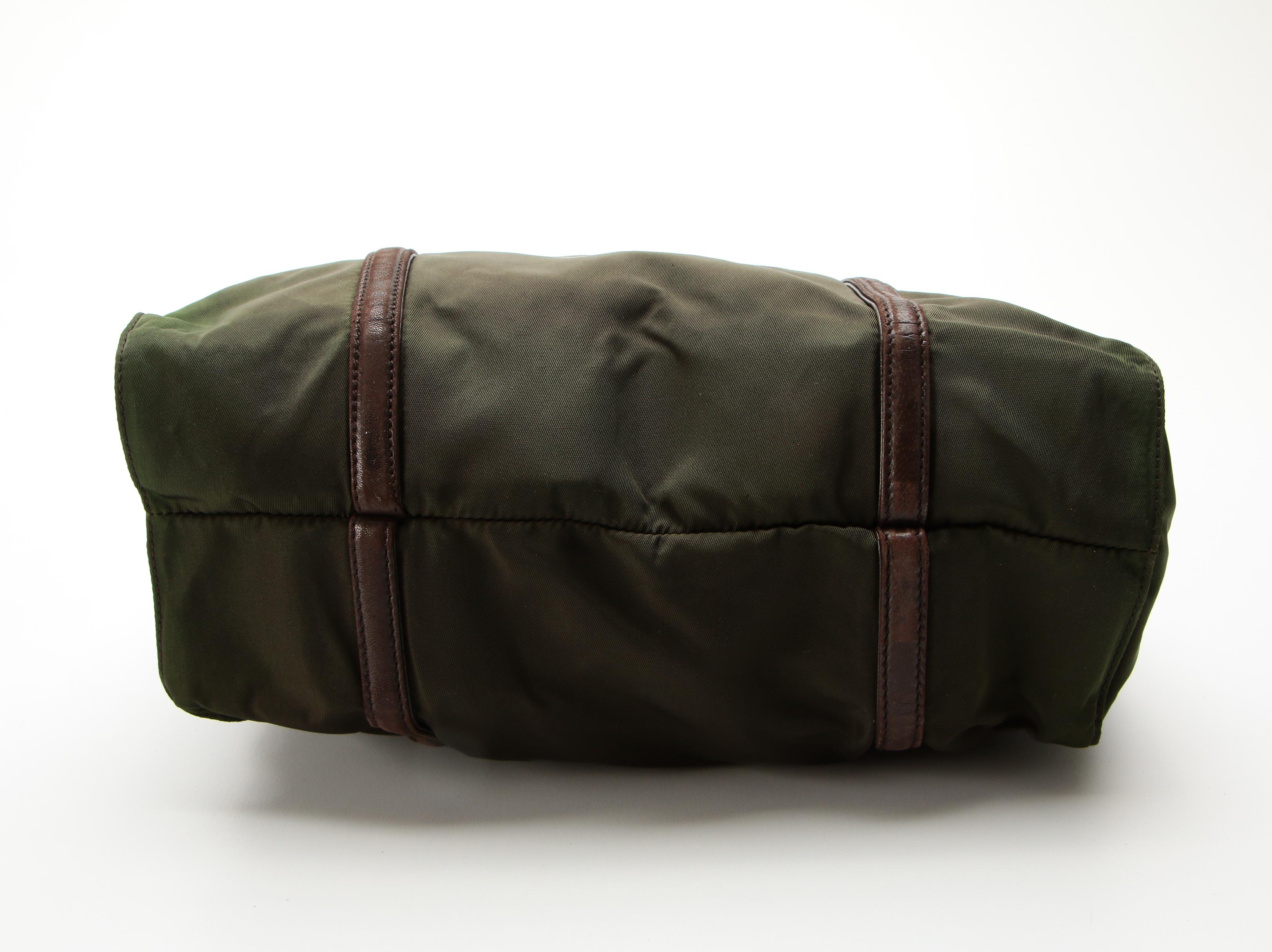 Prada Shoulder Tote in Green Tessuto Nylon and Brown Leather