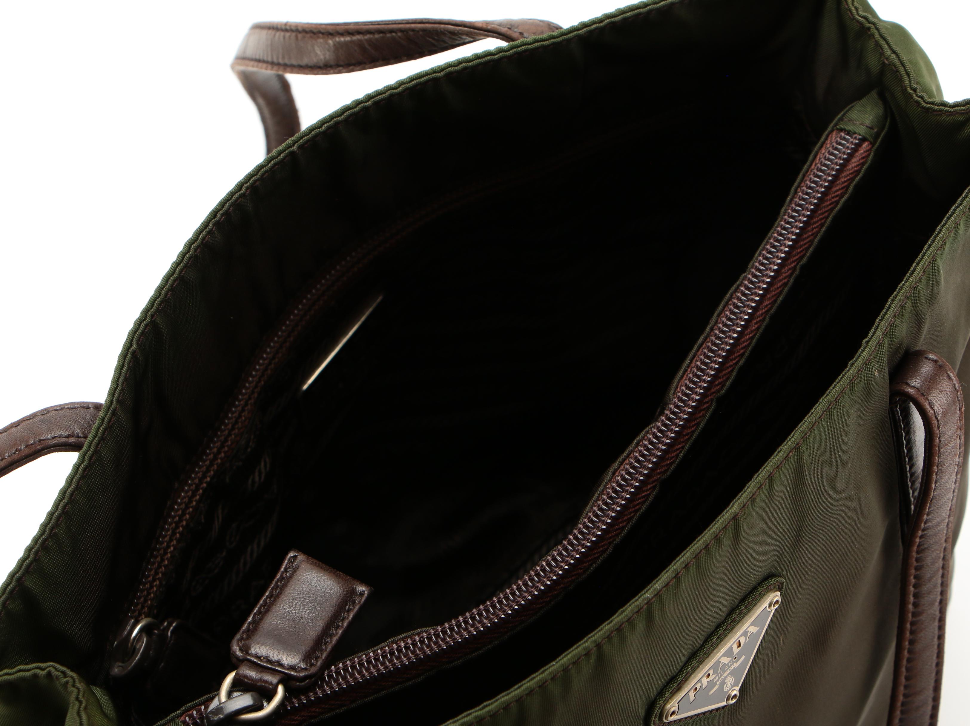 Prada Shoulder Tote in Green Tessuto Nylon and Brown Leather