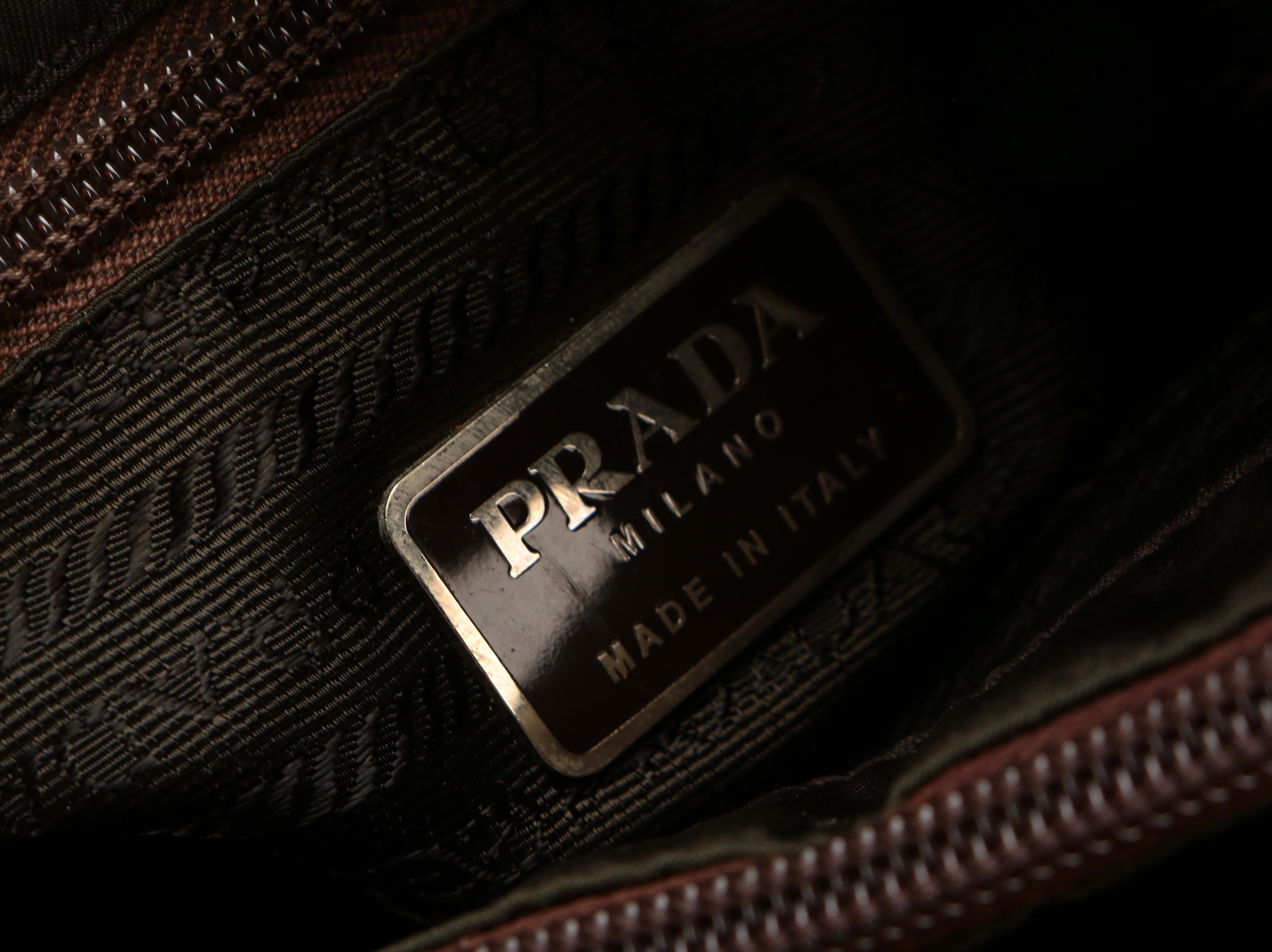 Prada Shoulder Tote in Green Tessuto Nylon and Brown Leather