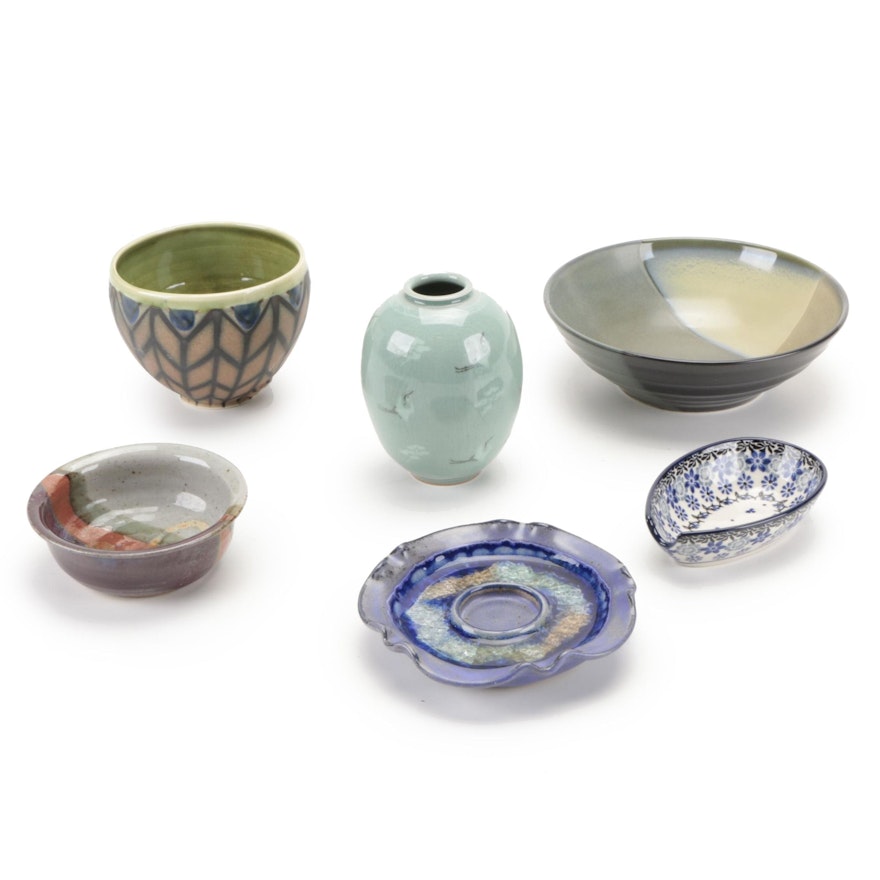 Sango "Intrigue" Ceramic Bowl with Other Art Pottery Bowls, Vase, and More