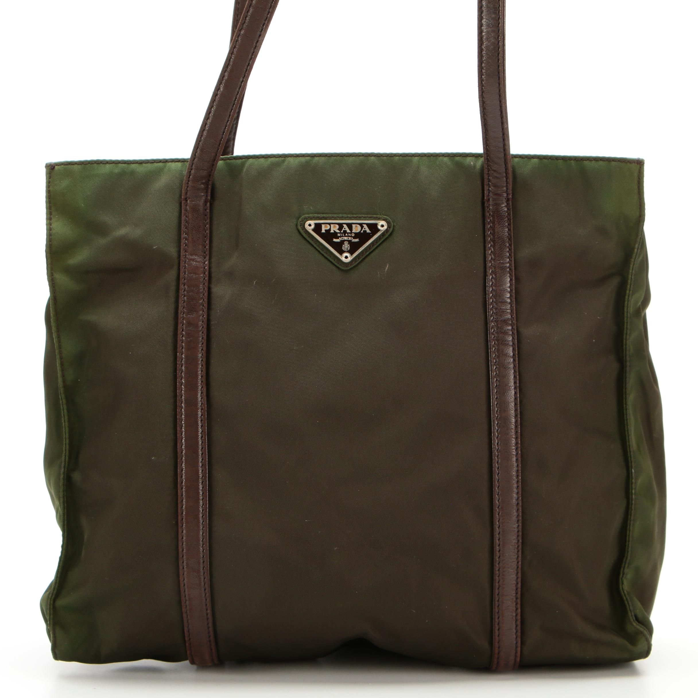 Prada Shoulder Tote in Green Tessuto Nylon and Brown Leather