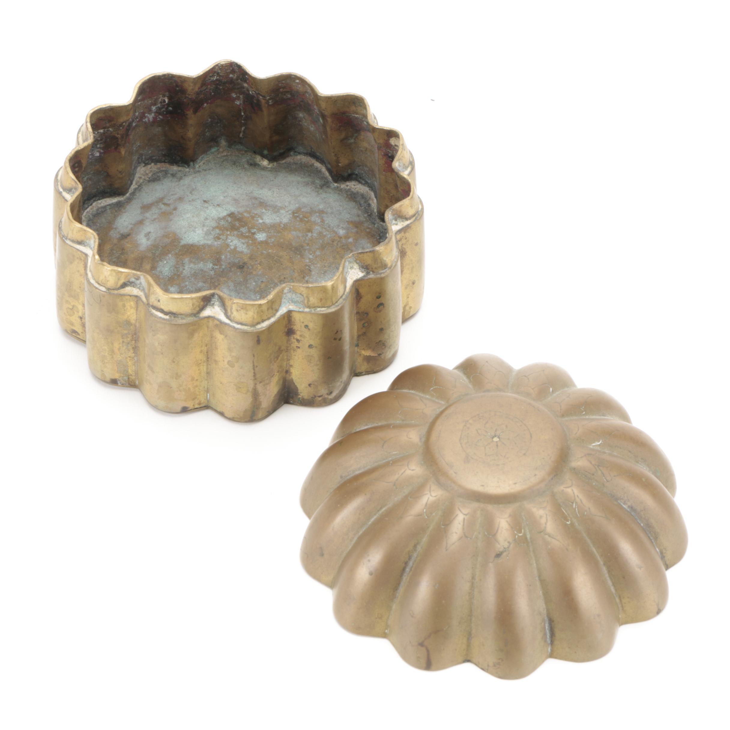 Chinese Gilt Decorated Porcelain Box, Pin Dish, Brass Chrysanthemum Box