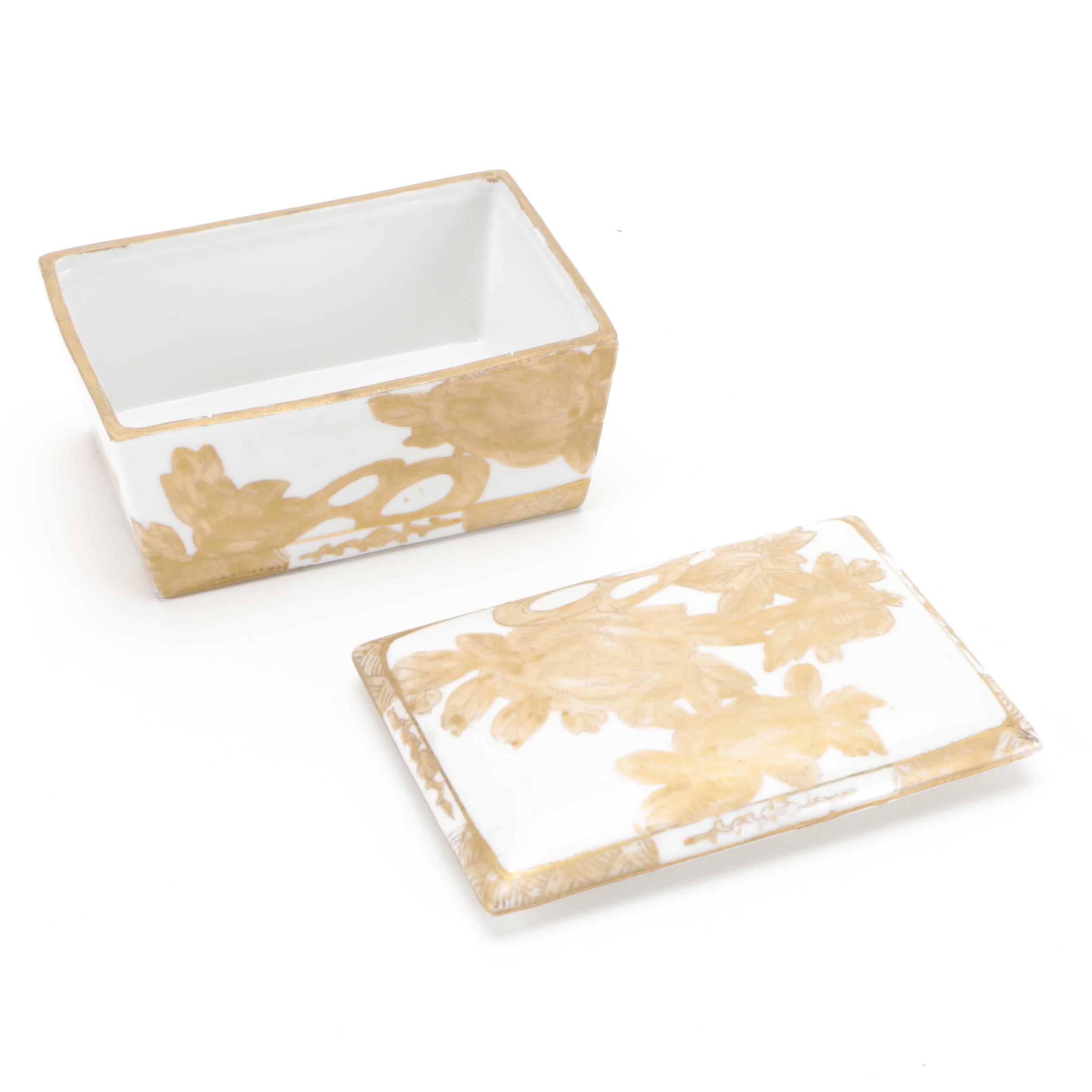 Chinese Gilt Decorated Porcelain Box, Pin Dish, Brass Chrysanthemum Box