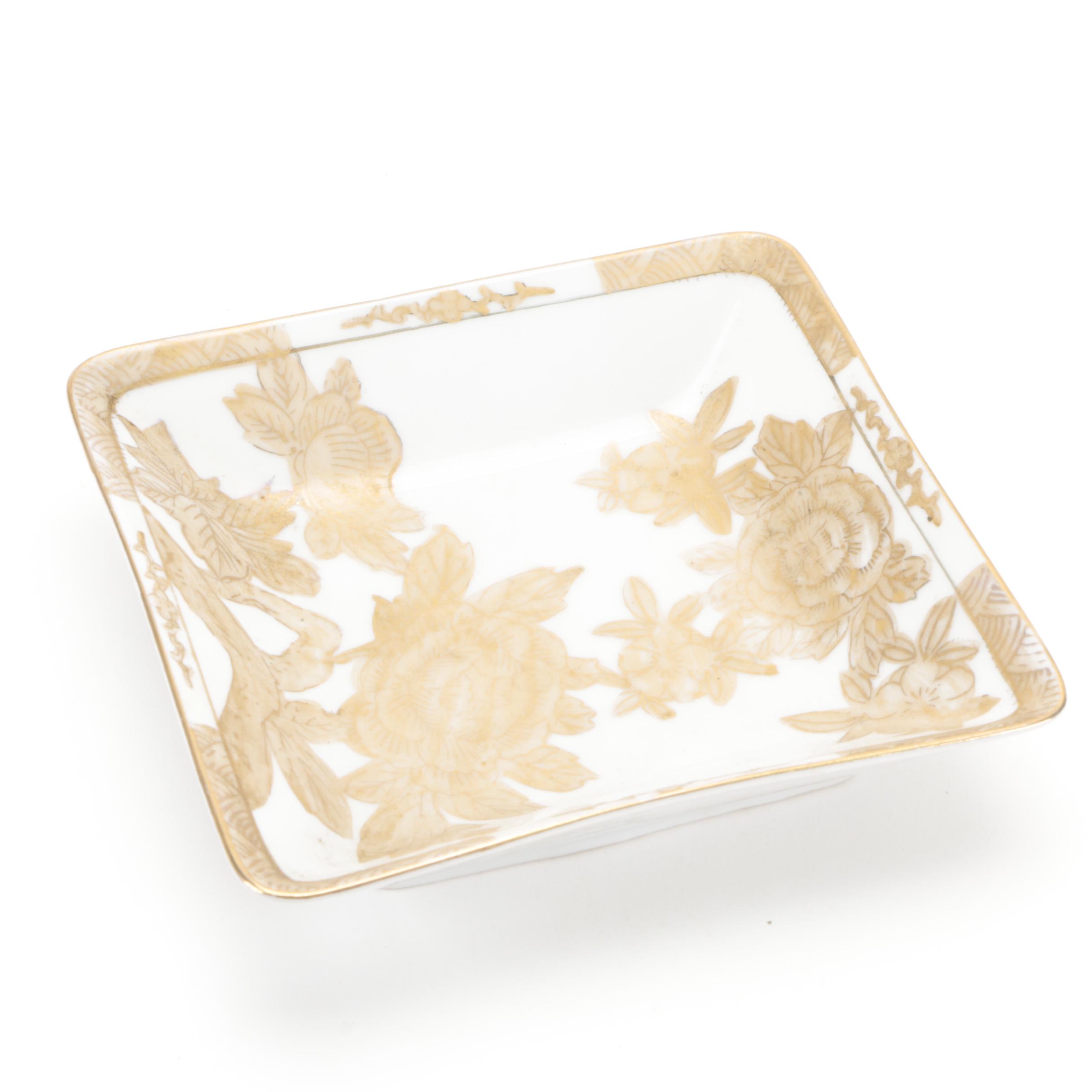 Chinese Gilt Decorated Porcelain Box, Pin Dish, Brass Chrysanthemum Box