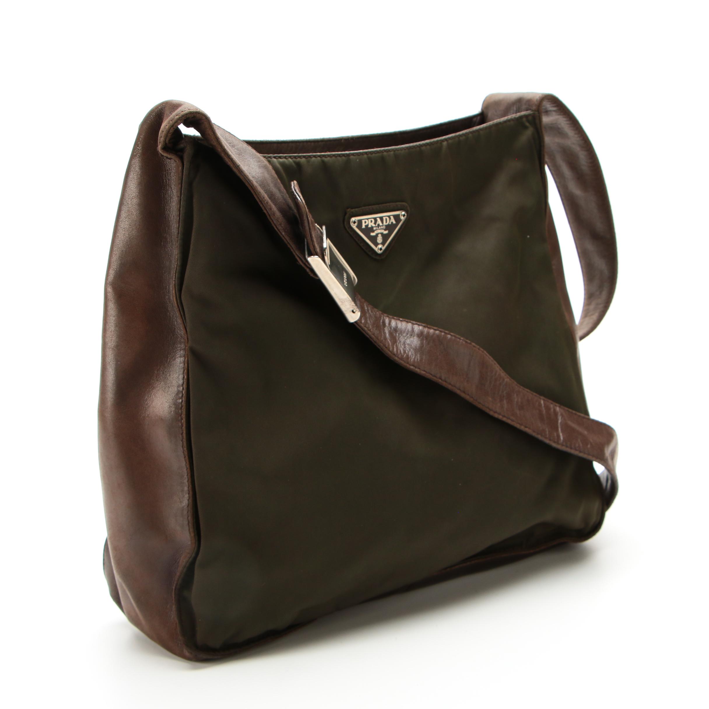 Prada Shoulder Bag in Green Tessuto Nylon and Brown Leather