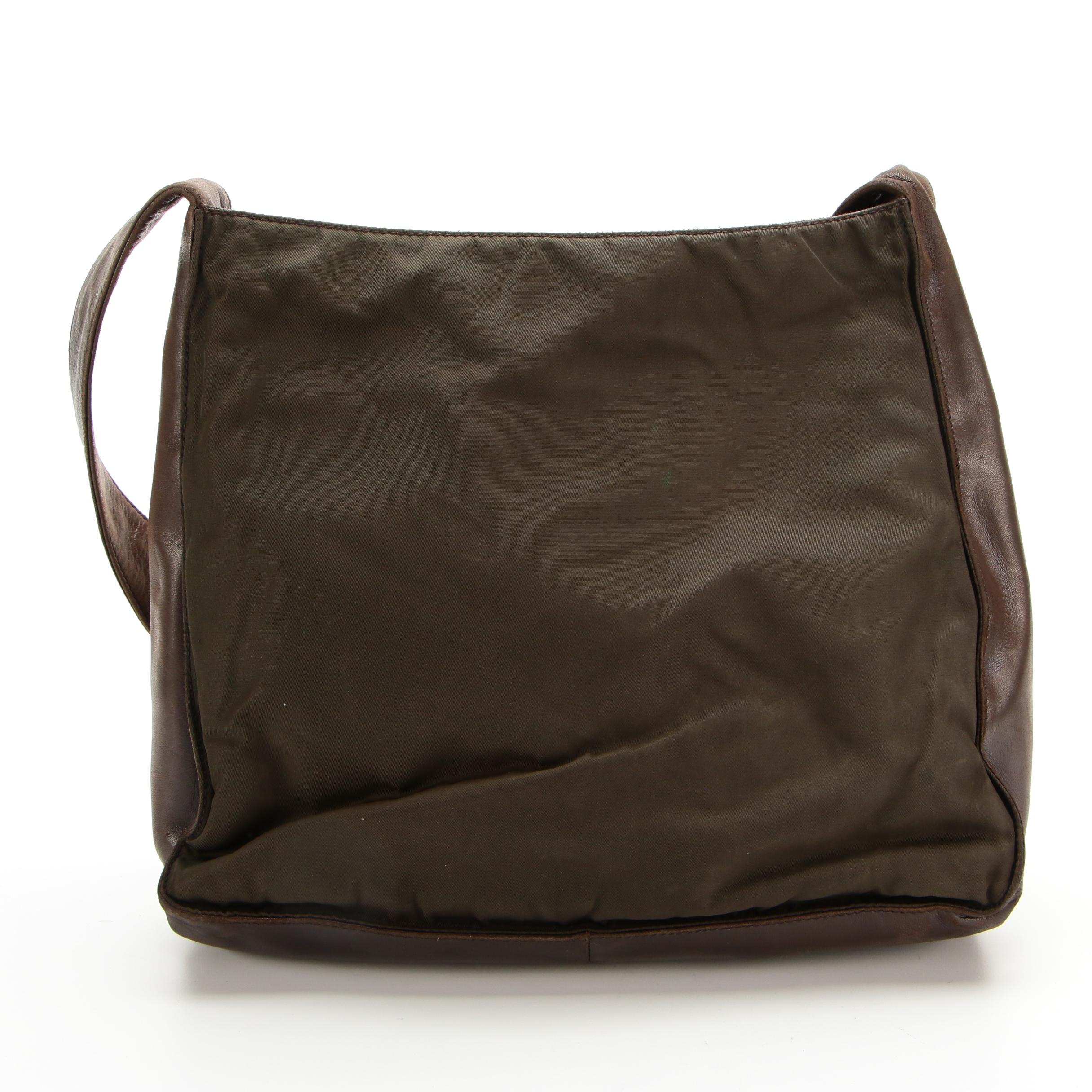 Prada Shoulder Bag in Green Tessuto Nylon and Brown Leather