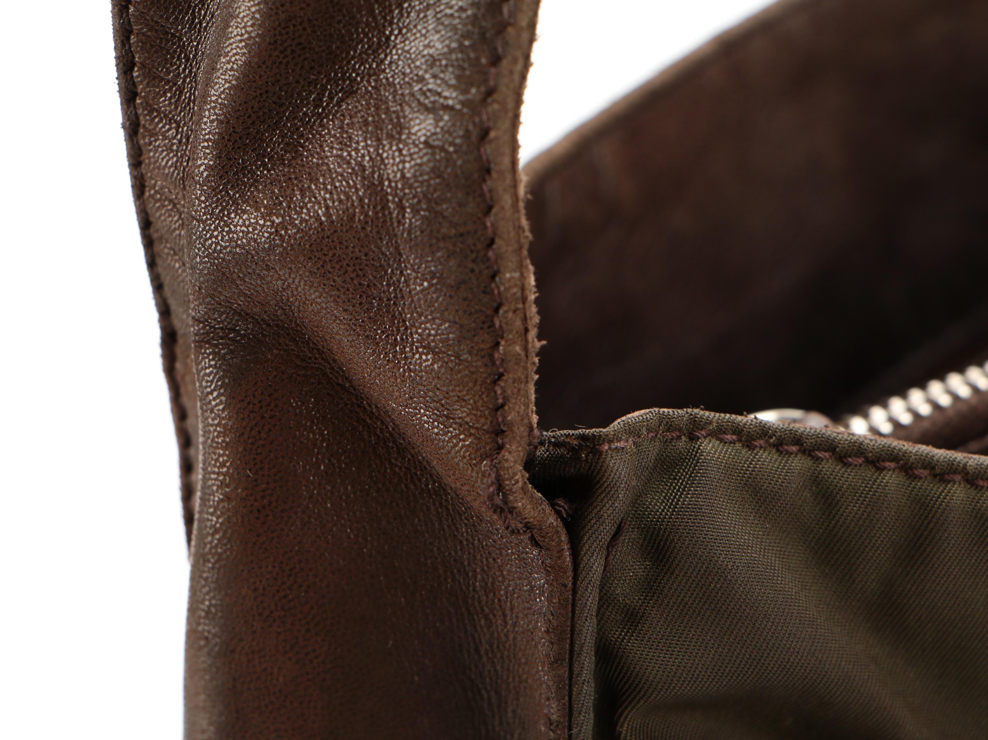 Prada Shoulder Bag in Green Tessuto Nylon and Brown Leather