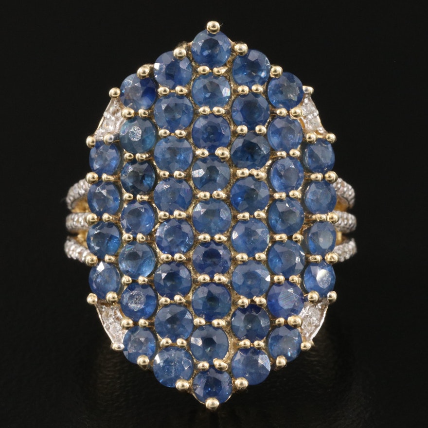 Sterling Sapphire and White Zircon Cluster Ring with Split Shoulders