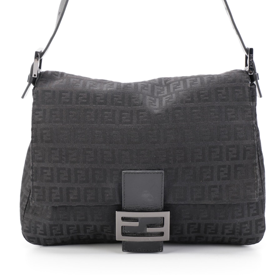 Fendi Mama Baguette Shoulder Bag in FF Zucchino Canvas with Leather Trim