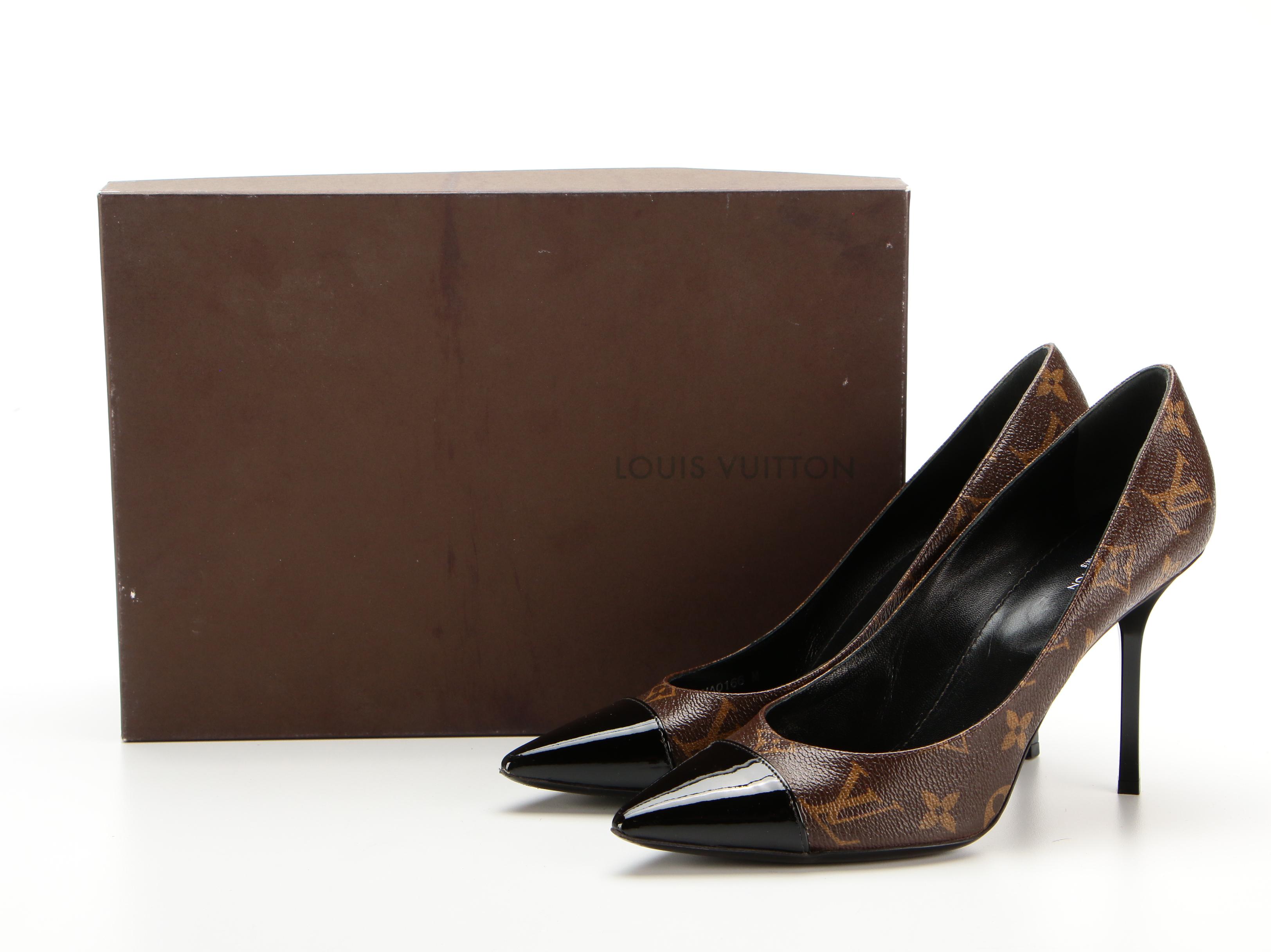 Louis Vuitton Fetish Pumps in Monogram Canvas and Black Patent Leather with Box