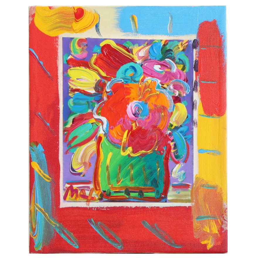 Peter Max Floral Still Life Mixed Media Painting, 1996