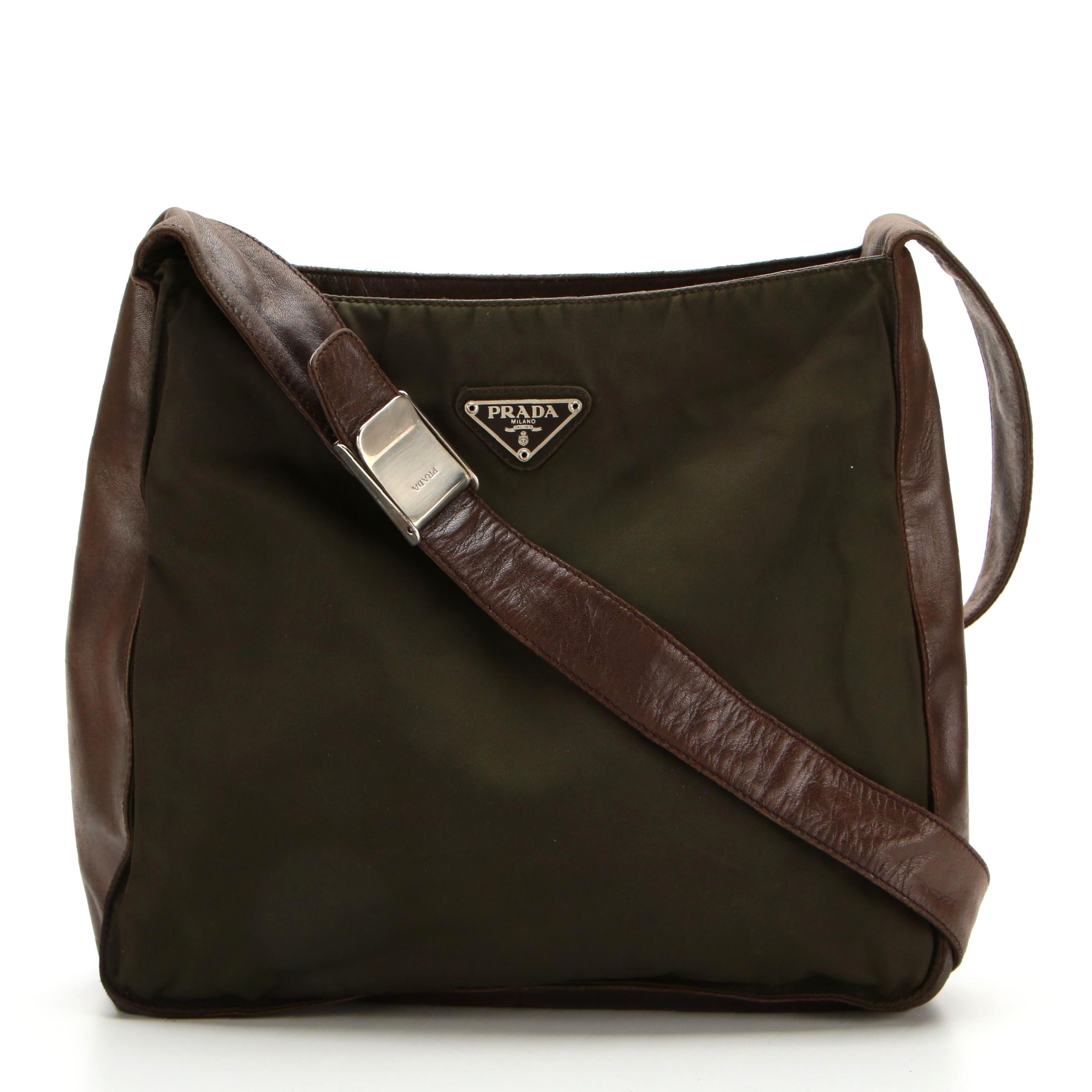 Prada Shoulder Bag in Green Tessuto Nylon and Brown Leather