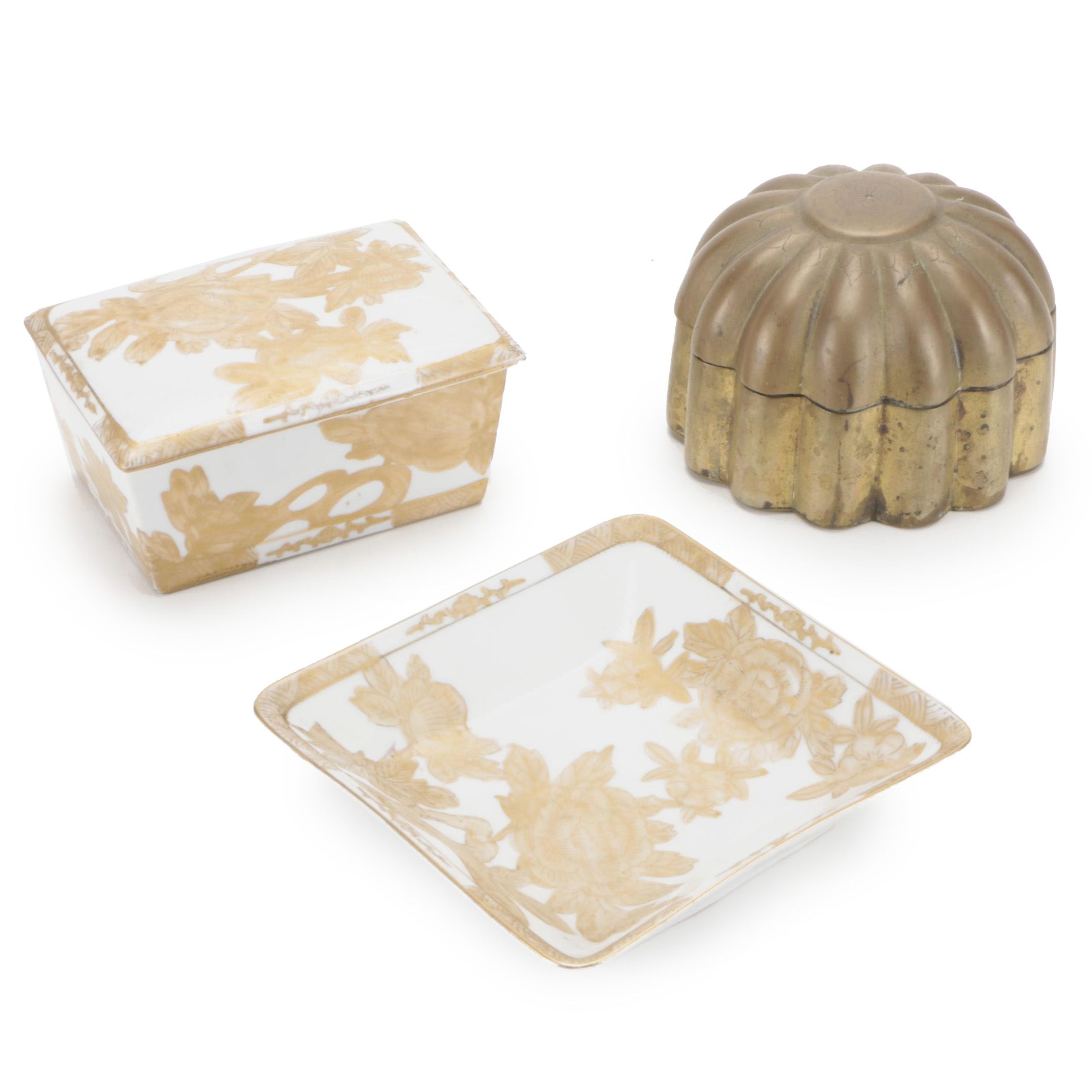 Chinese Gilt Decorated Porcelain Box, Pin Dish, Brass Chrysanthemum Box