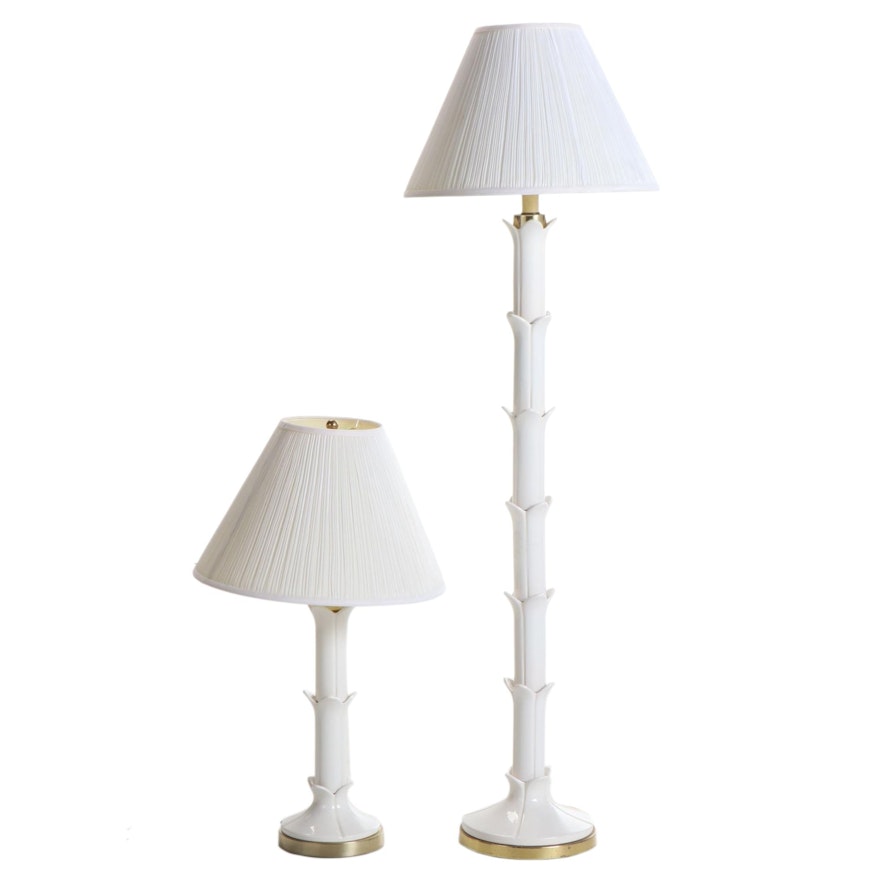 Glazed Ceramic Bamboo Motif Floor and Table Lamp Set