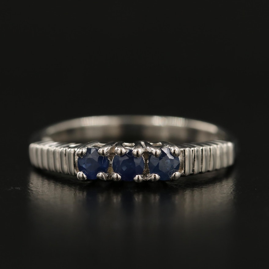 Sterling Silver Three Stone Sapphire Ring with Fluted Shoulders