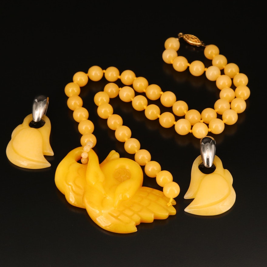 Carved Jadeite Swan Beaded Necklace and Earrings