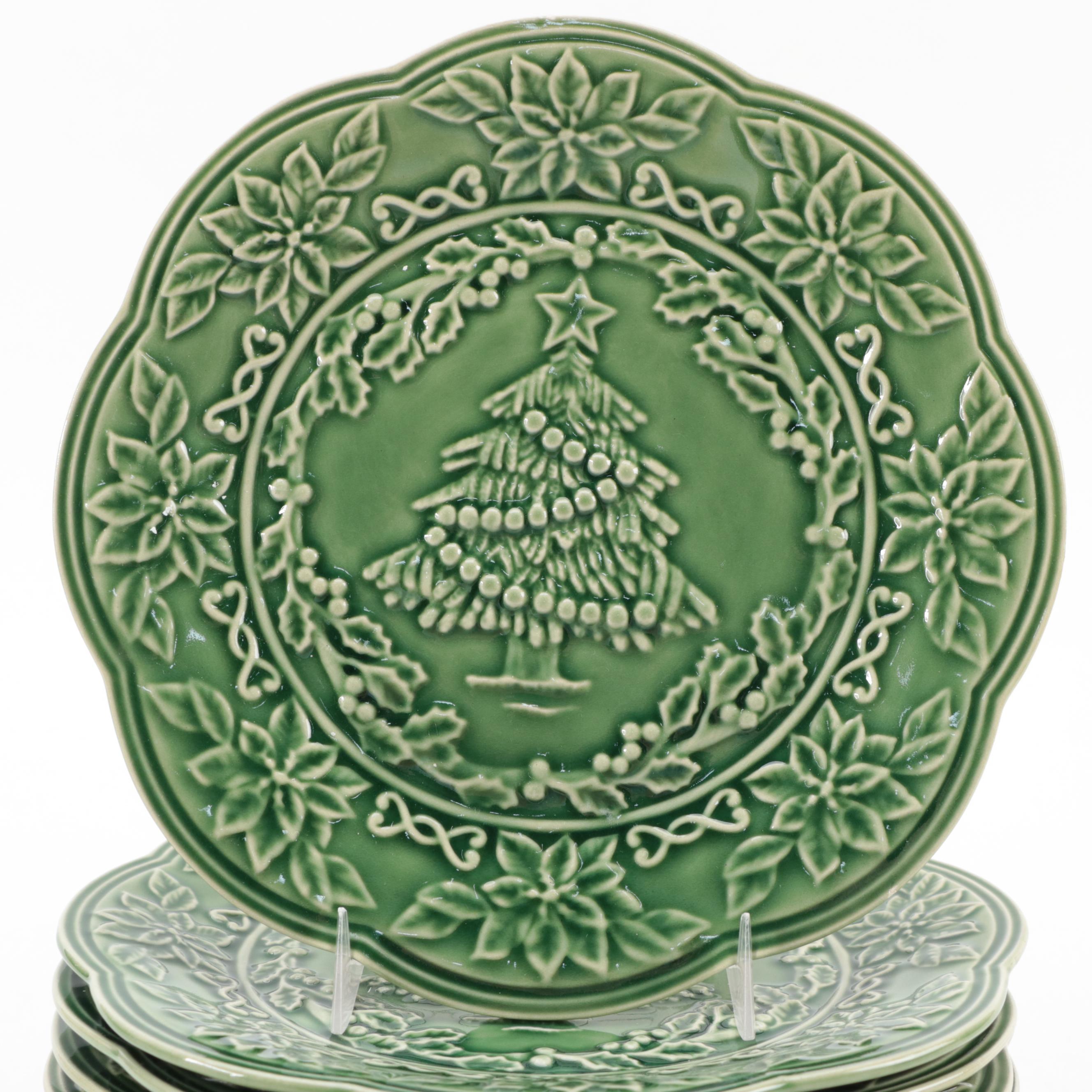 Bordallo Pinheiro "Poinsettia Christmas" Ceramic Salad Plates, Late 20th Century