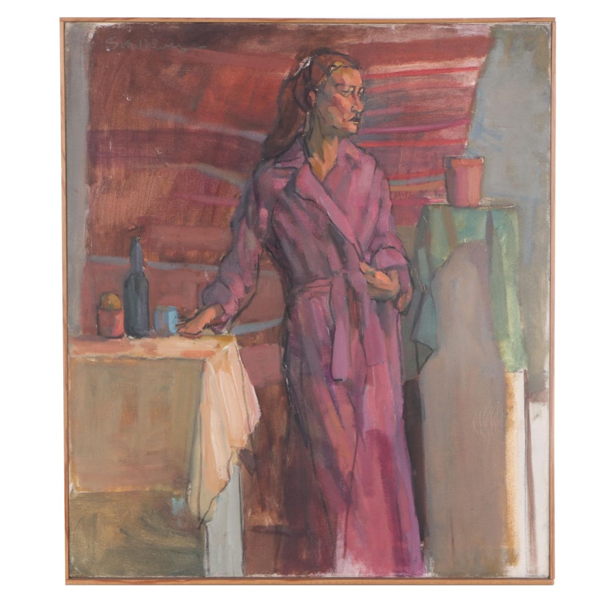 Figurative Oil Painting of Woman in Robe, Late 20th Century