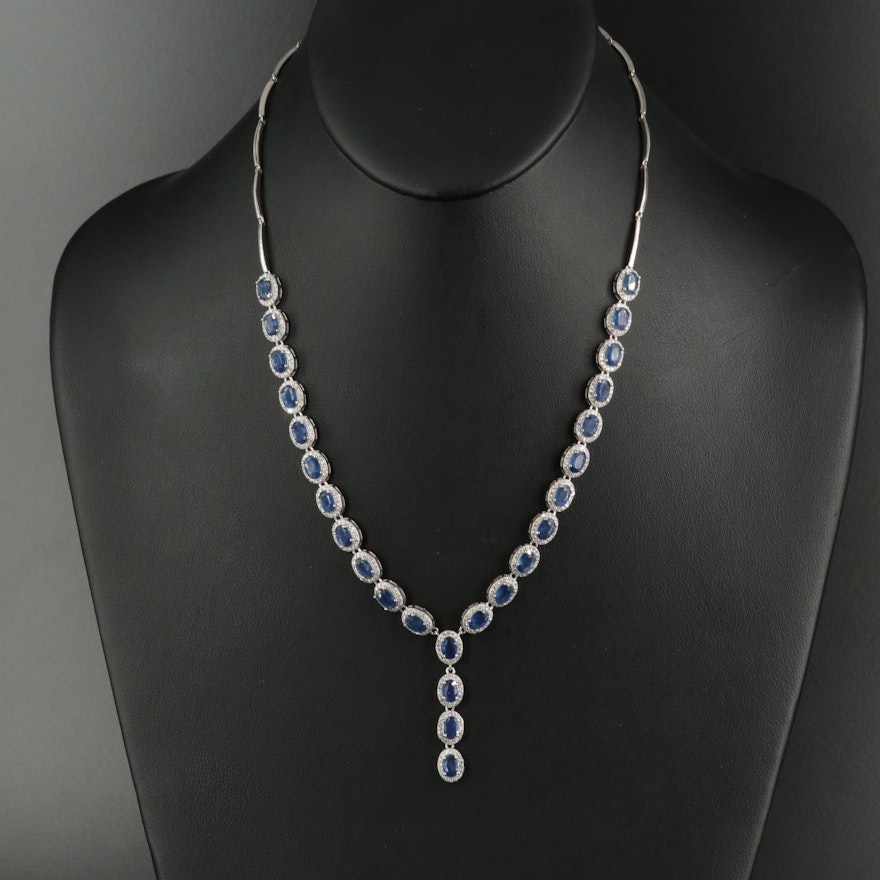 Sterling Silver Sapphire and Cubic Zirconia "Y"' Necklace