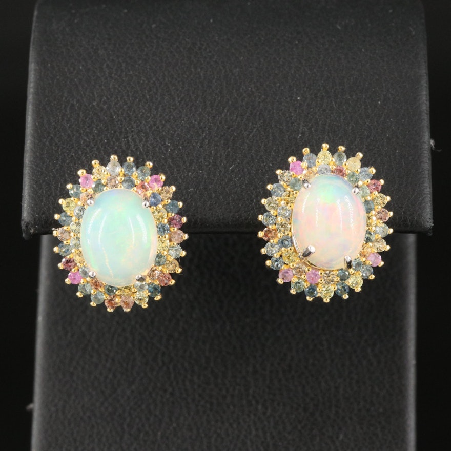 Sterling Silver Opal and Sapphire Halo Earrings