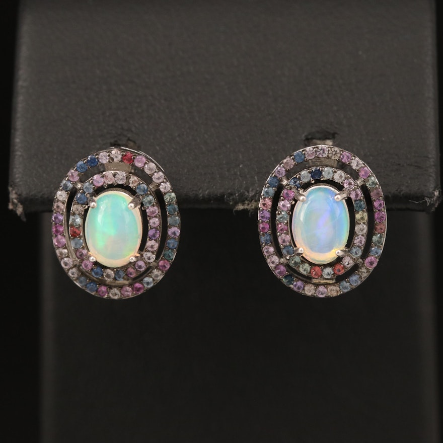 Sterling Opal and Sapphire Concentric Earrings